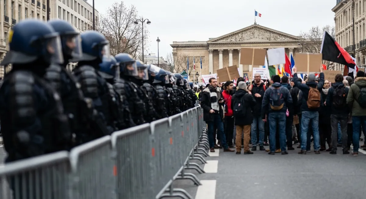 Slika je umetno generirana iz tem: politika, policija, protesti, palestina, mediji