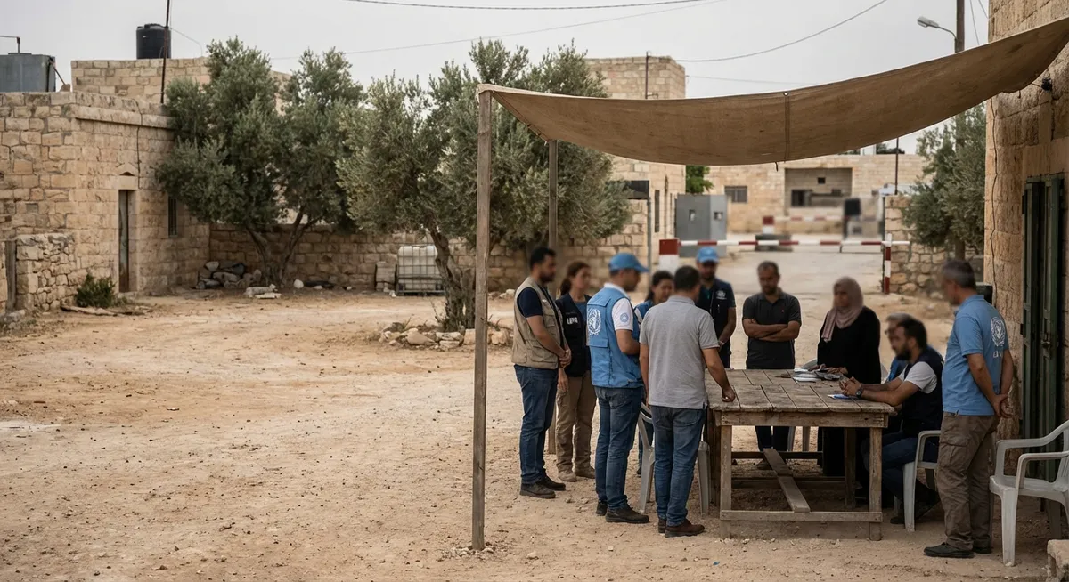 Slika je umetno generirana iz tem: diplomacija, združeni narodi, konflikti, bližnji vzhod, varnost, stabilizacijske sile, mednarodni odnosi, mirovni procesi, gaza, palestina