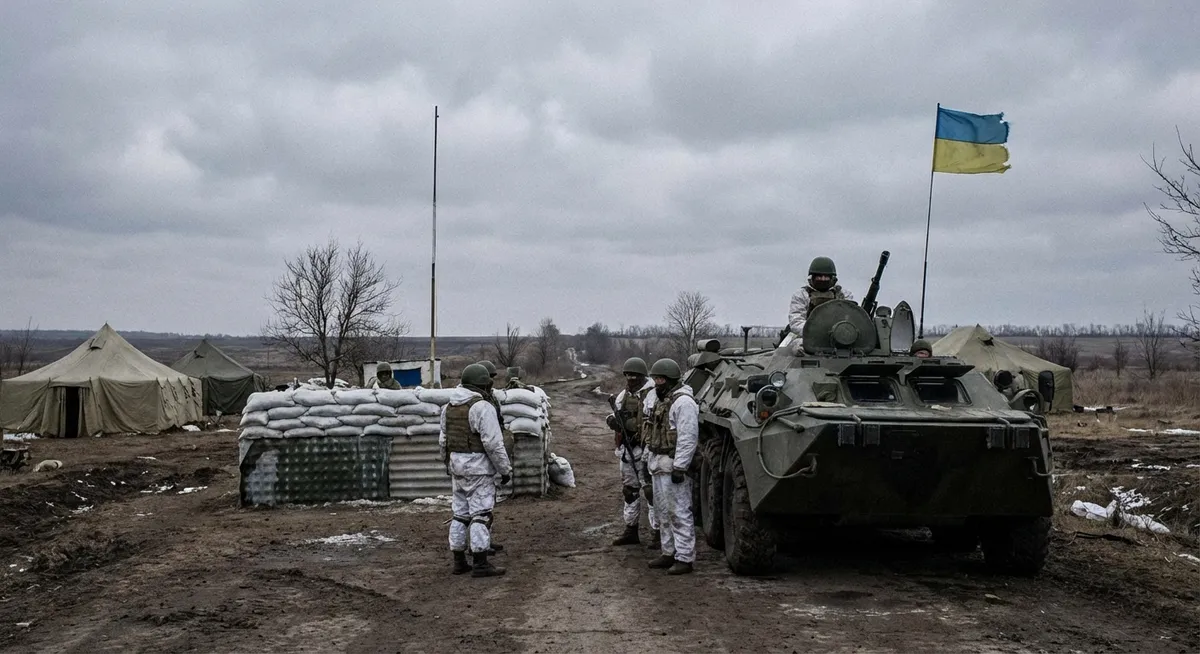 Slika je umetno generirana iz tem: mednarodni odnosi, rusko-ukrajinski konflikt, obramba, sodstvo