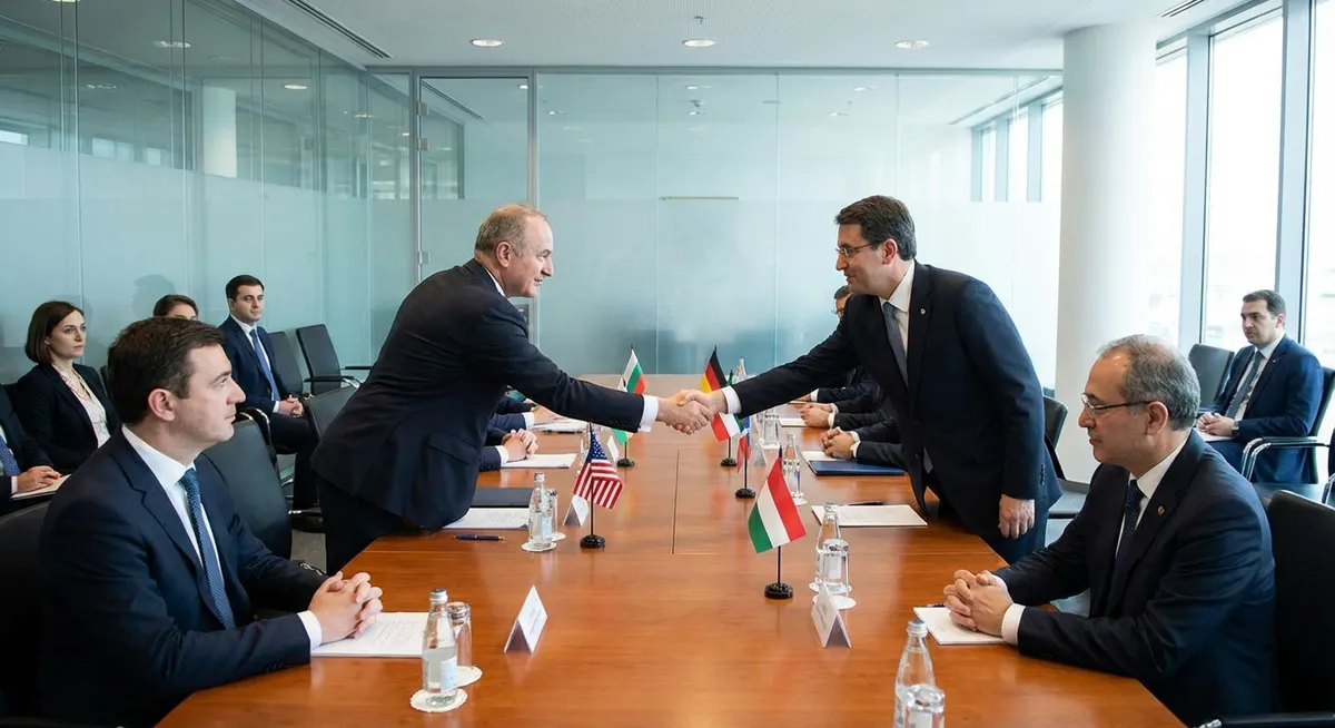 Slika je umetno generirana iz tem: mednarodni odnosi, politika, diplomacija, srečanja voditeljev