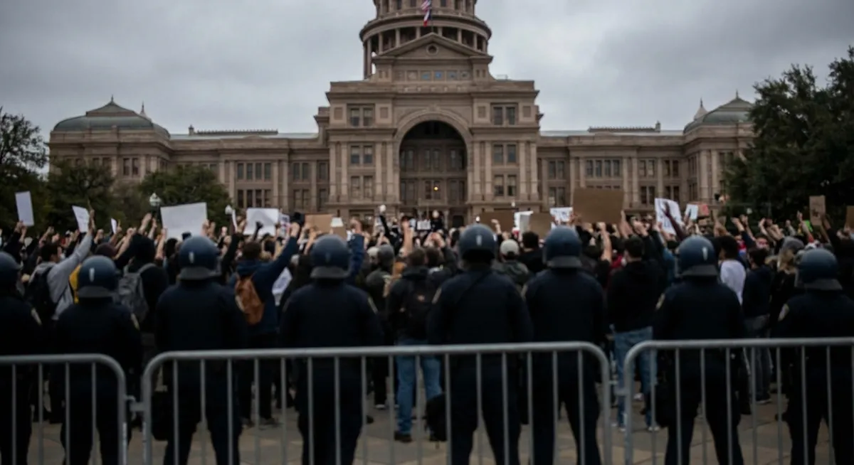 Slika je umetno generirana iz tem: protesti, policijsko nasilje, mladinska organizacija, nasilje, posredovanja policije, mladina afd, varnost, demokracija, afd, politika