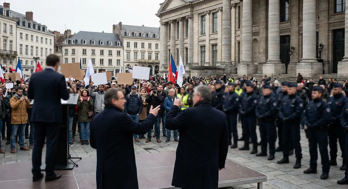 Slika je umetno generirana iz tem: socialni mediji, obtožbe, protesti, politika
