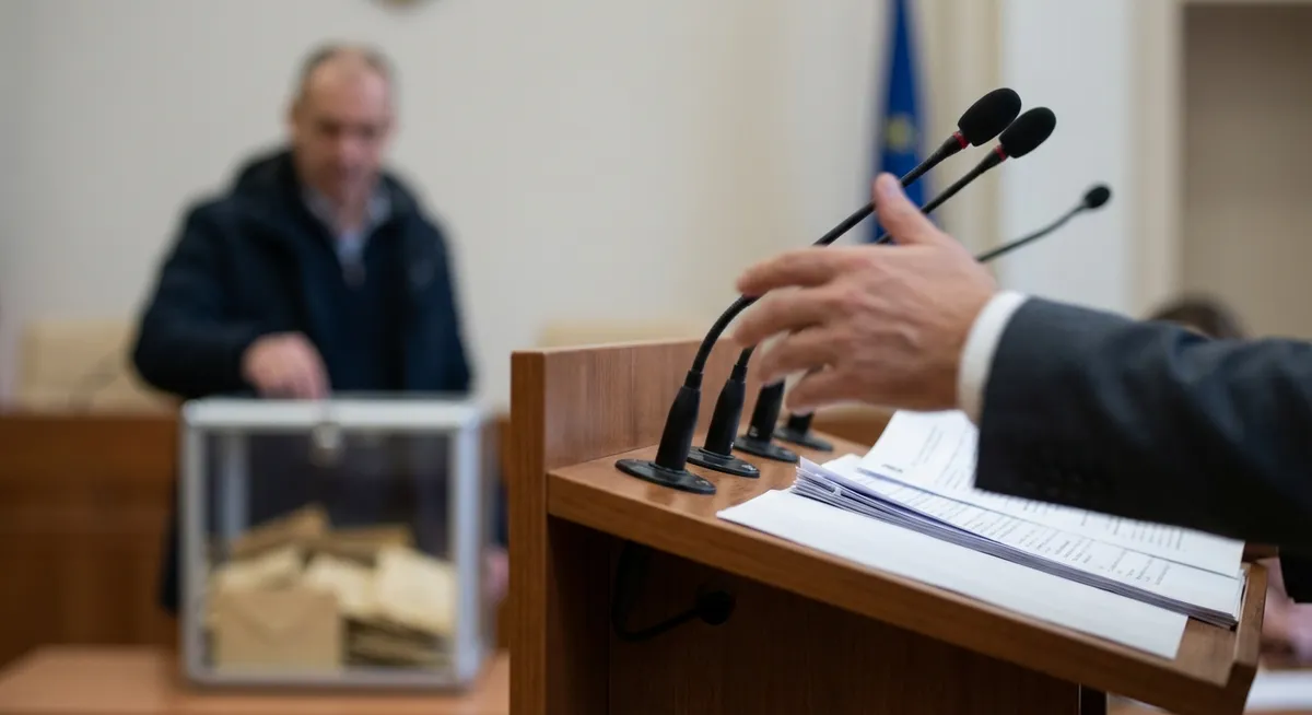 Slika je umetno generirana iz tem: politika, grožnje, obtožbe, obtožbe o volilnih prevarah, protesti, volitve