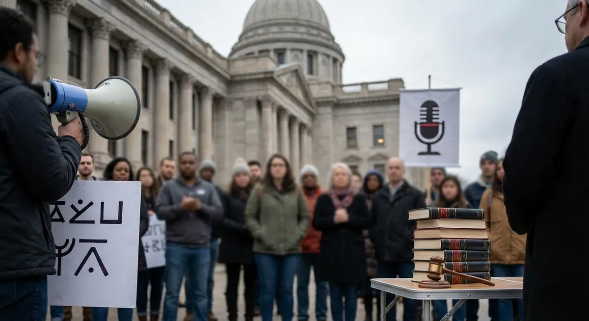 Slika je umetno generirana iz tem: svoboda govora, religija, človekove pravice, politika