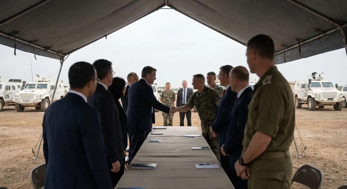 Slika je umetno generirana iz tem: oboroženi spopadi, vojska, vojaški spori, mejni spori, mednarodno pravo, diplomacija