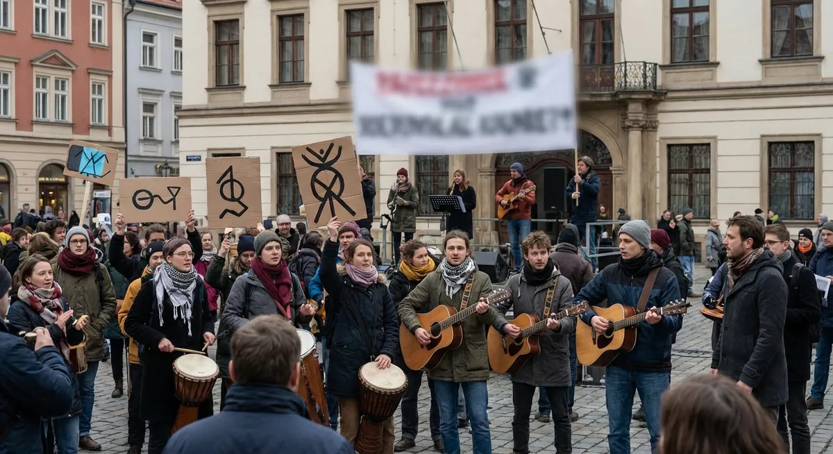 Slika je umetno generirana iz tem: protesti, glasba, kultura