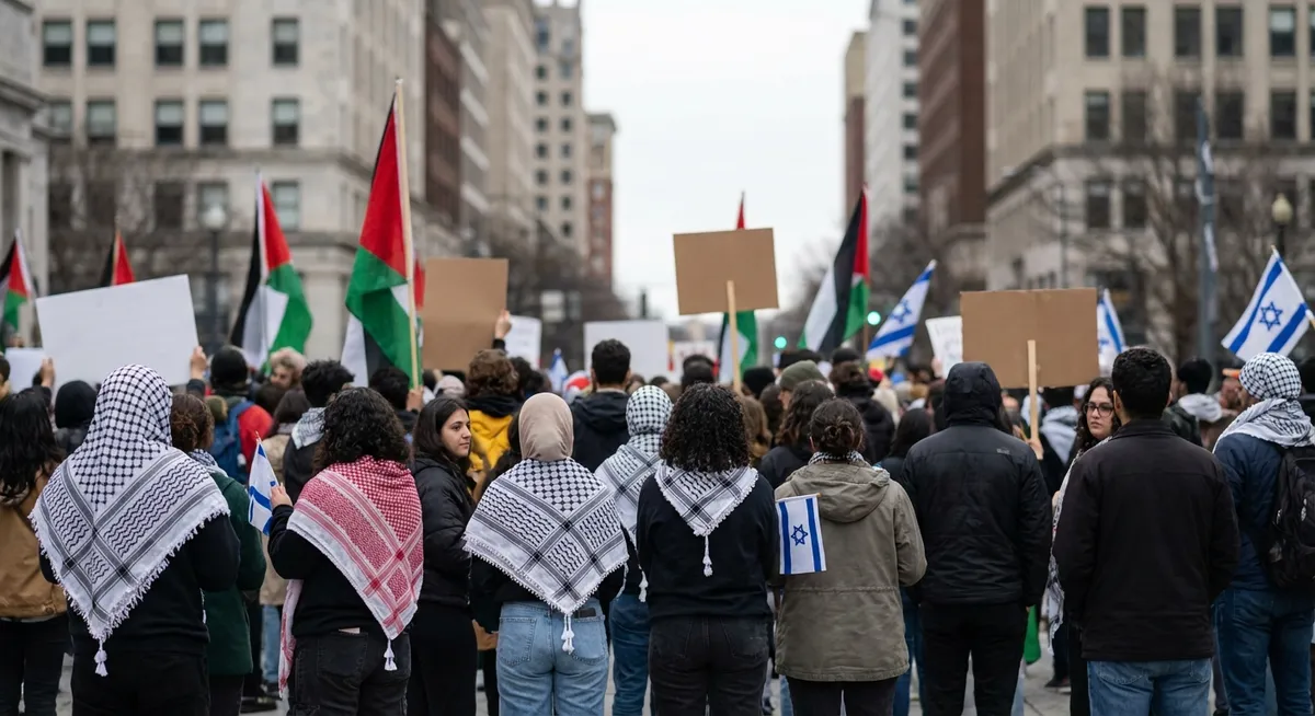 Slika je umetno generirana iz tem: palestina, protesti, politika, turizem, izrael
