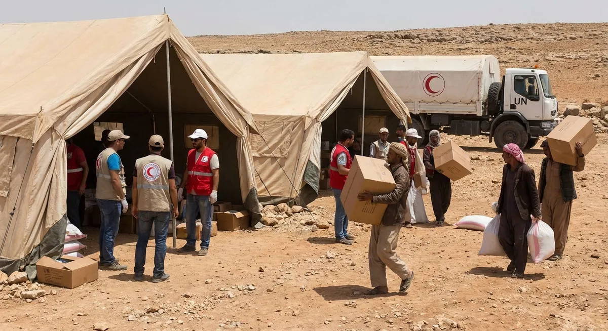 Slika je umetno generirana iz tem: humanitarna pomoč, politika, mednarodni odnosi