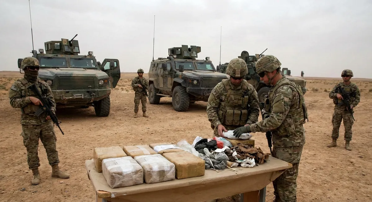 Slika je umetno generirana iz tem: mednarodni odnosi, vojaška strategija in taktika, vojaške operacije, opozicija, mamila