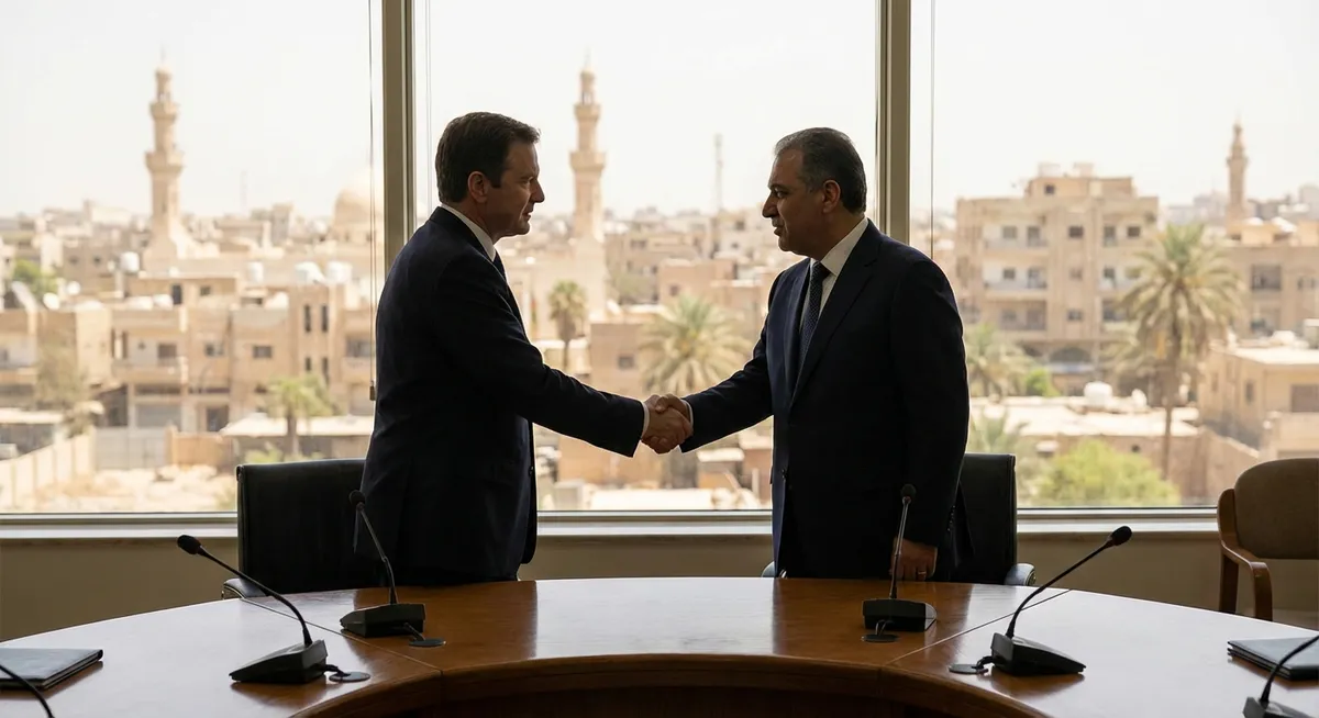 Slika je umetno generirana iz tem: bližnji vzhod, politika, oboroževanje, mednarodni odnosi, premirje, pogajanja