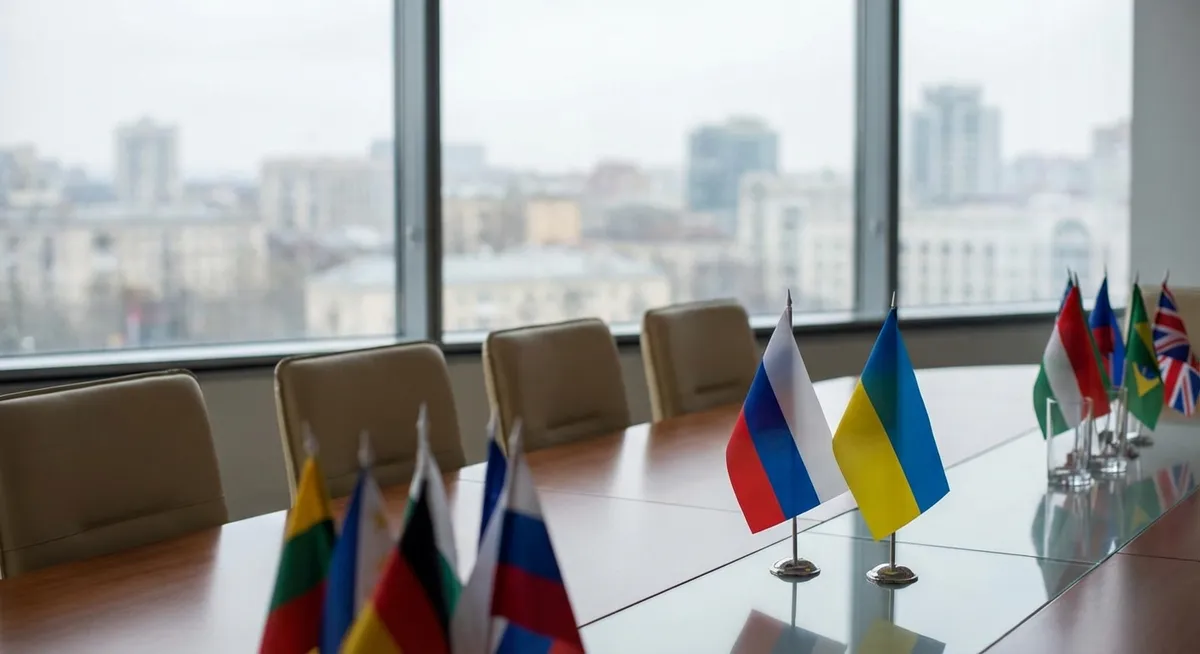 Slika je umetno generirana iz tem: mednarodni odnosi, mirovni procesi, diplomacija, združene države amerike, rusija, ukrajina