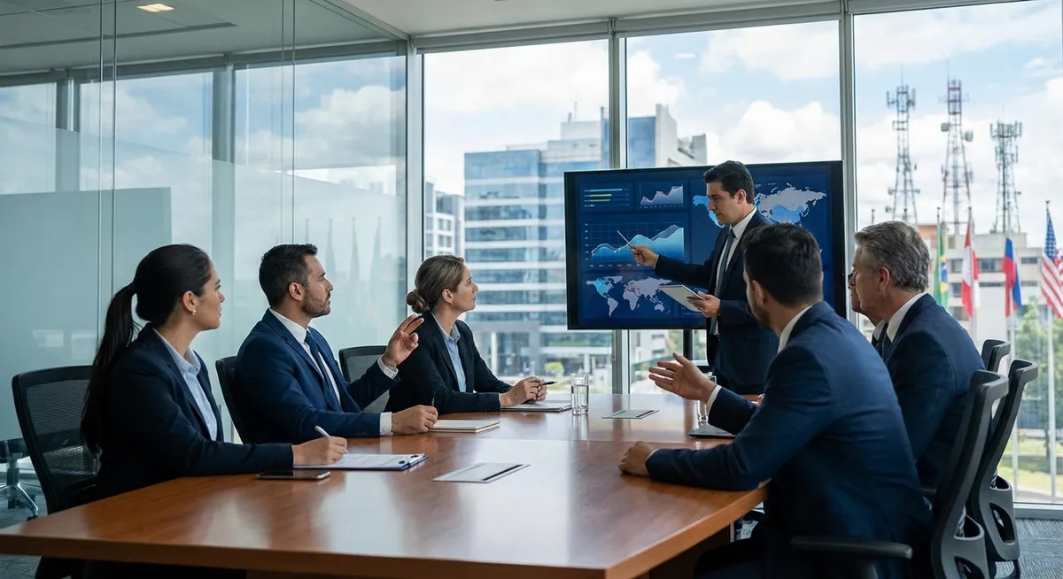 Slika je umetno generirana iz tem: diplomacija, trgovina, politika, mednarodni odnosi, tehnologija