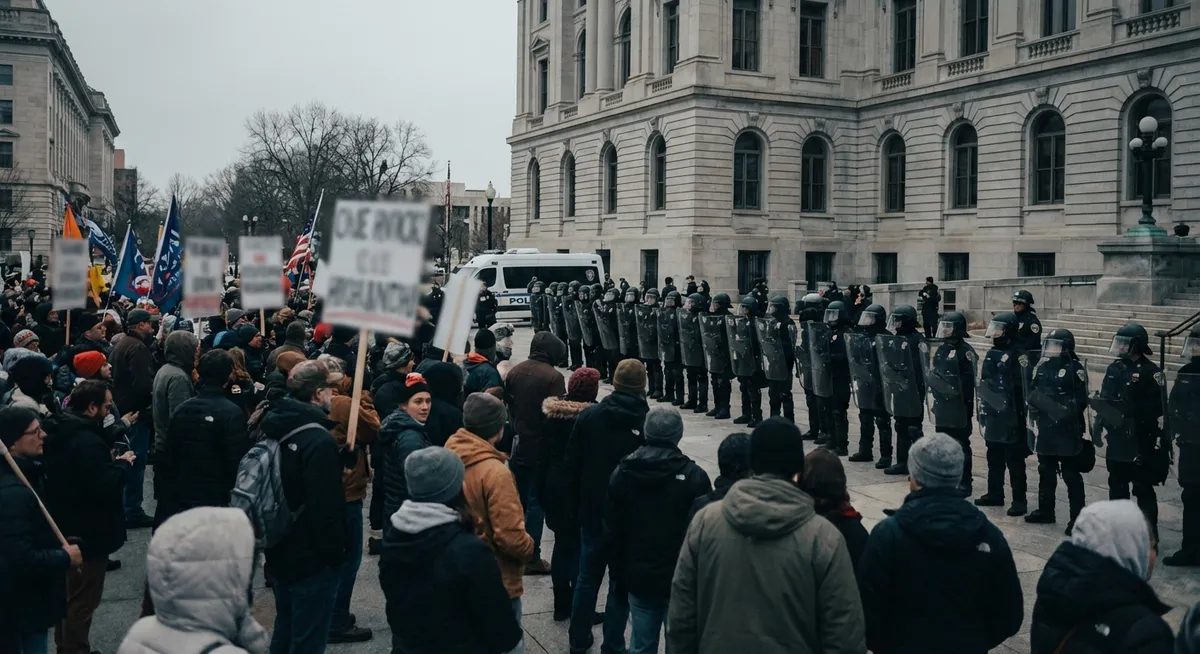 Slika je umetno generirana iz tem: fascizem, politika, protesti, begunci, globalizacija, mediji