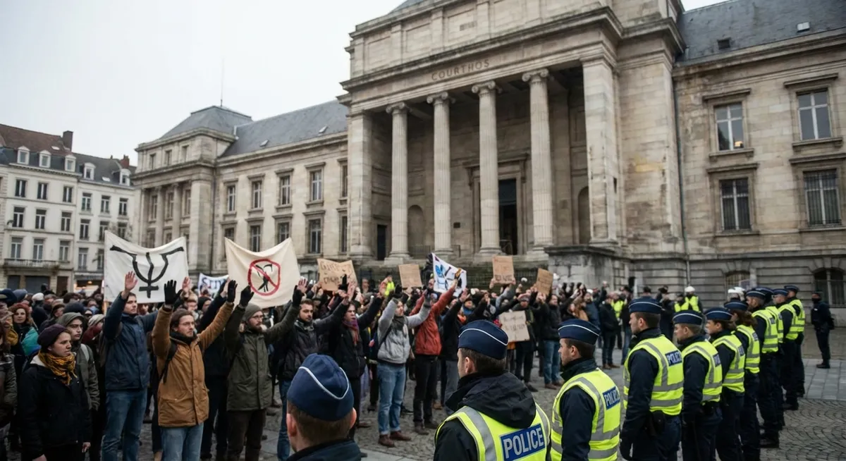 Slika je umetno generirana iz tem: kriminal, vojska, politika, nasilje, protesti, pravo, preiskave, mednarodni odnosi