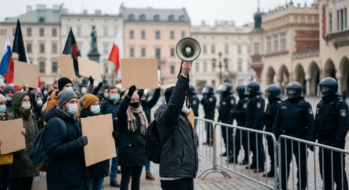 Slika je umetno generirana iz tem: migracije, svoboda govora, zvezne intervencije, zakonodaja, protesti, nasilje, policija