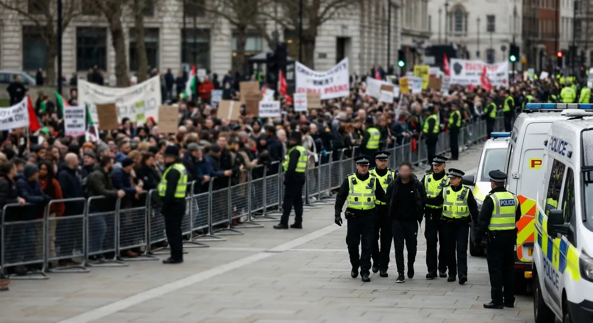 Slika je umetno generirana iz tem: varnost, politika, obmejna patrulja, protesti, zvezne agencije, aretacije, migracije
