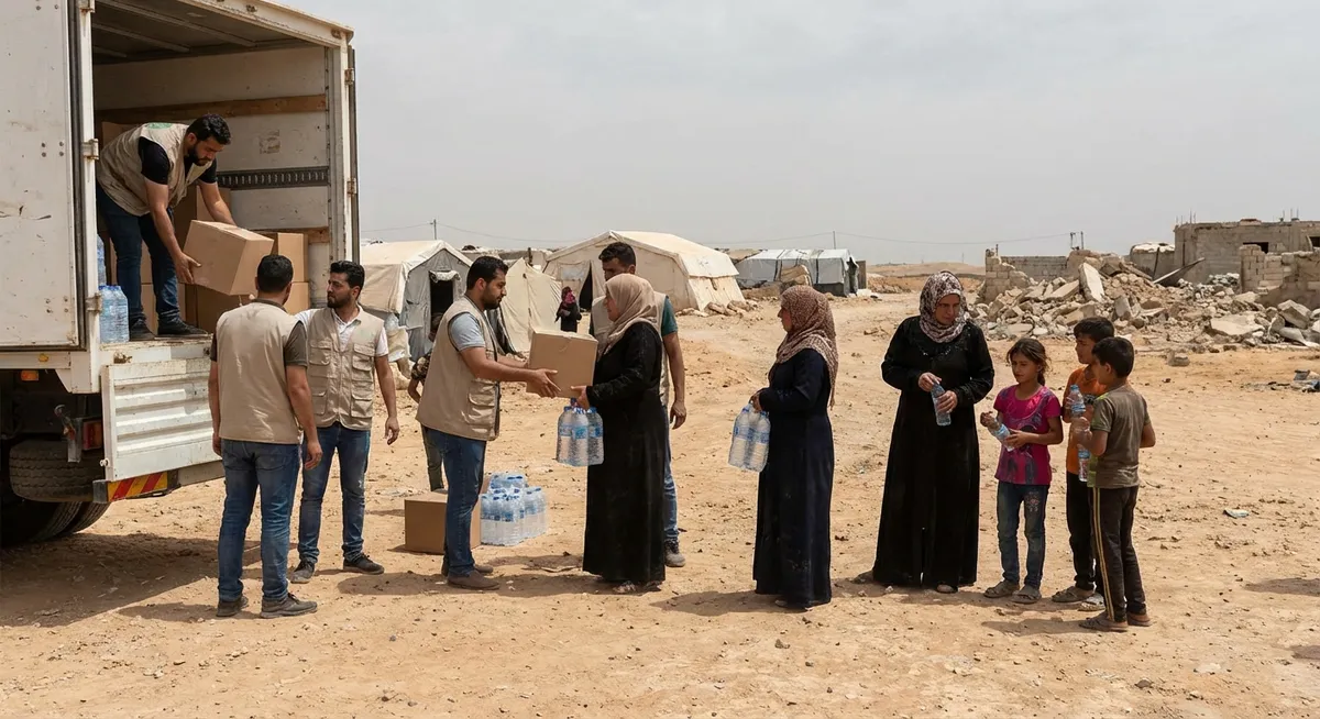 Slika je umetno generirana iz tem: palestinsko-izraelski konflikt, bližnji vzhod, protesti, humanitarna pomoč, blokada gaze, mednarodni odnosi