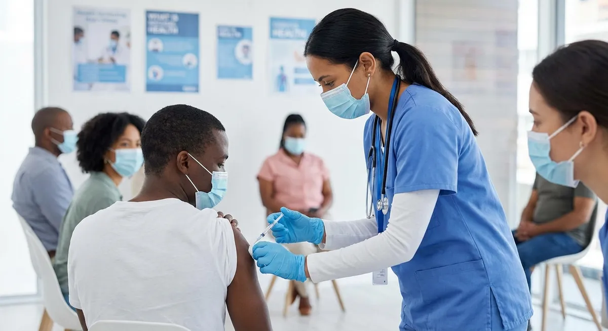 Slika je umetno generirana iz tem: cepljenje, covid-19, gripa, zdravje