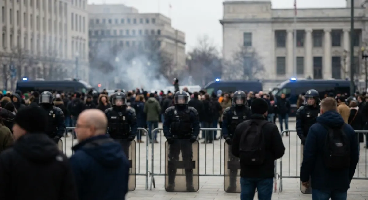 Slika je umetno generirana iz tem: politika, notranja politika, policija, protesti, varnost, generacija z, nemiri