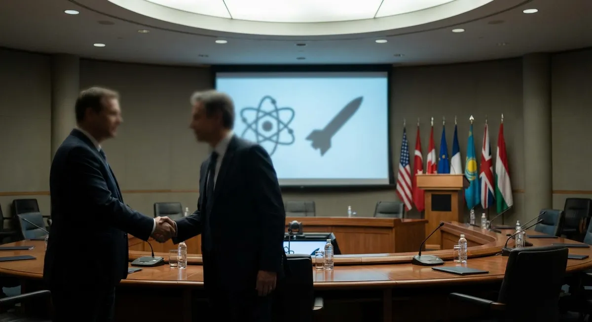 Slika je umetno generirana iz tem: diplomacija, jedrsko orožje, mednarodni odnosi