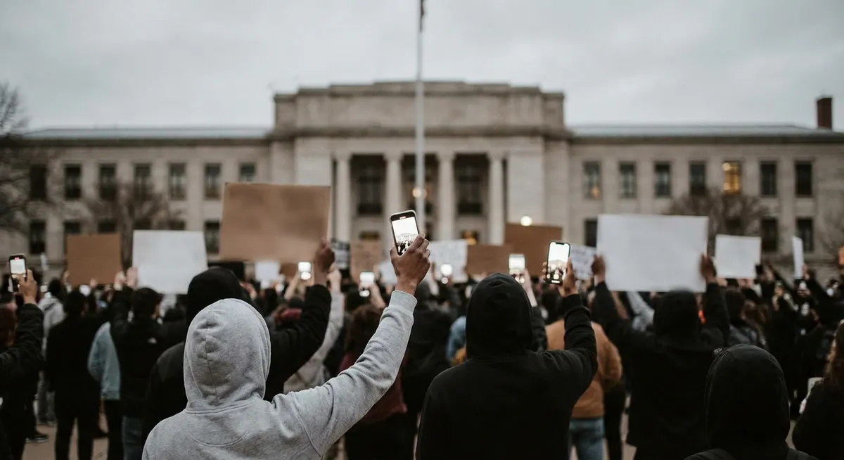 Slika je umetno generirana iz tem: korupcija, protesti, vladna represija, politična nestabilnost, socialni mediji