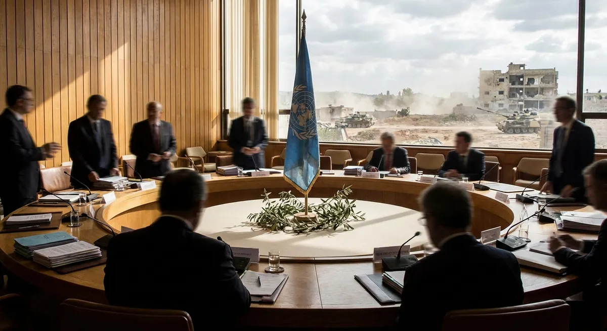 Slika je umetno generirana iz tem: mednarodni odnosi, pogajanja, oboroženi spopadi