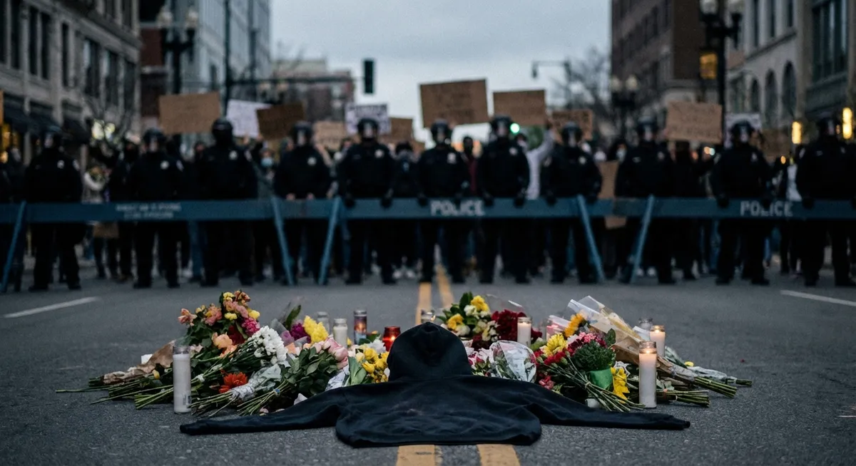 Slika je umetno generirana iz tem: policijsko nasilje, aretacije, žrtve, državljanske pravice, nasilje, politika, zanikanje poročil, policijski spopadi, protesti, smrti, nemiri, policija