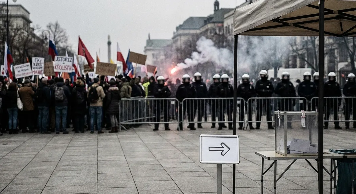 Slika je umetno generirana iz tem: policija, politika, volitve, mediji, javni shodi, študenti, protesti, nasilje, blokade