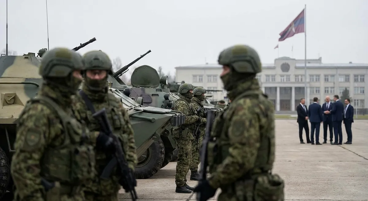 Slika je umetno generirana iz tem: oboroževanje, politika, mednarodni odnosi, vojska