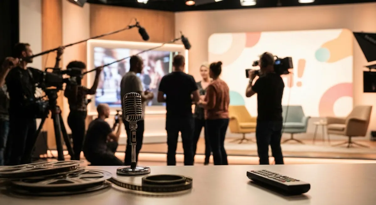 Slika je umetno generirana iz tem: televizija, zabava, televizijske serije, filmi, glasba