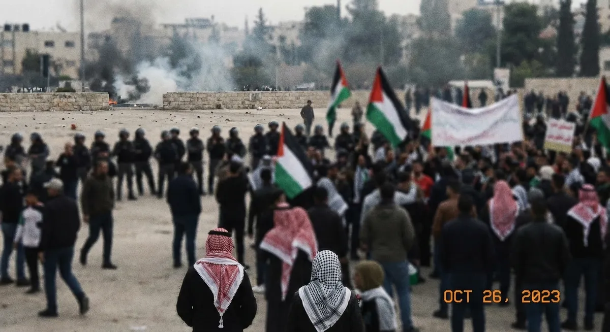 Slika je umetno generirana iz tem: terorizem, protesti, palestina, nasilje, policija, aretacije, izrael