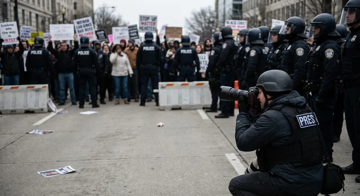 Slika je umetno generirana iz tem: svoboda tiska, protesti, poškodbe, napadi na novinarje, aretacije, policijsko nasilje