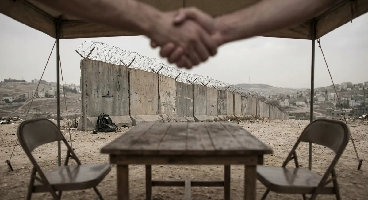 Slika je umetno generirana iz tem: mir, terorizem, pogajanja, zunanja politika zda, premirje, oboroženi spopadi, vojaške grožnje, politika, mednarodni odnosi, palestinsko-izraelski konflikt