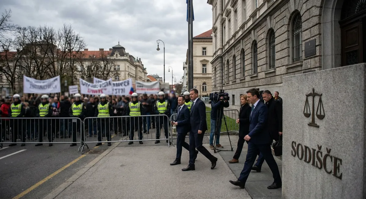 Slika je umetno generirana iz tem: tehnologija, policija, zakonodaja, policijsko nasilje, migracije, sodni postopki, aretacije, sodišča, protesti, politika, pravo
