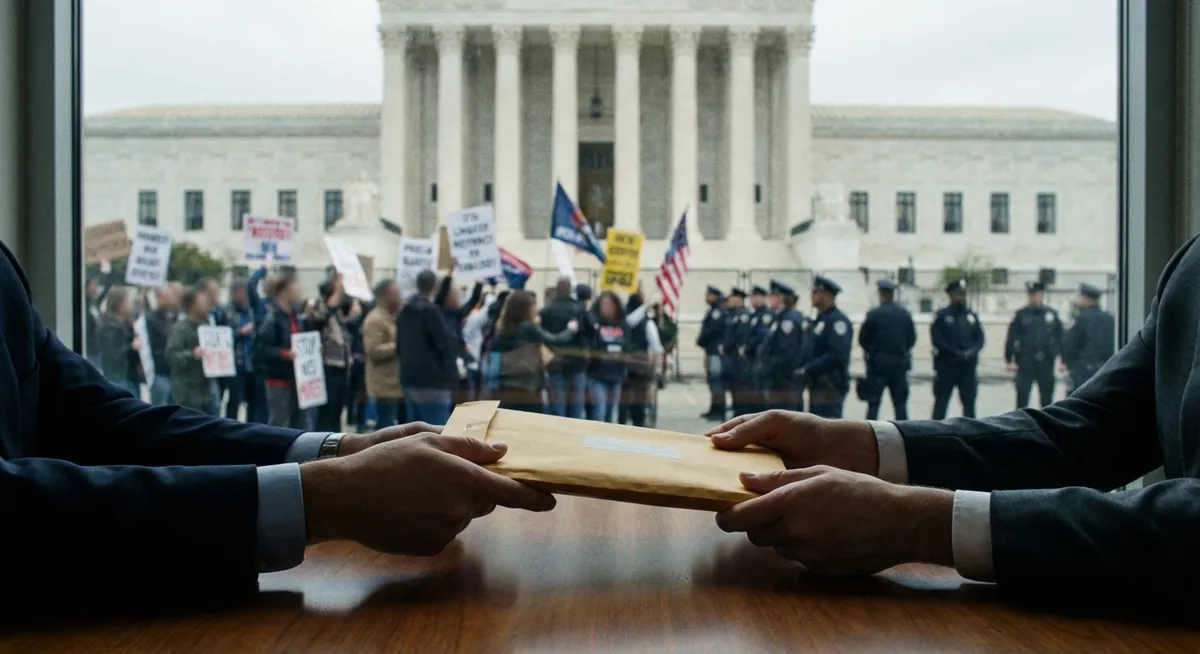 Slika je umetno generirana iz tem: mednarodni odnosi, protesti, korupcija, politika