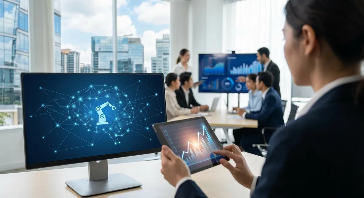 Slika je umetno generirana iz tem: umetna inteligenca, tehnologija, poslovno vodenje