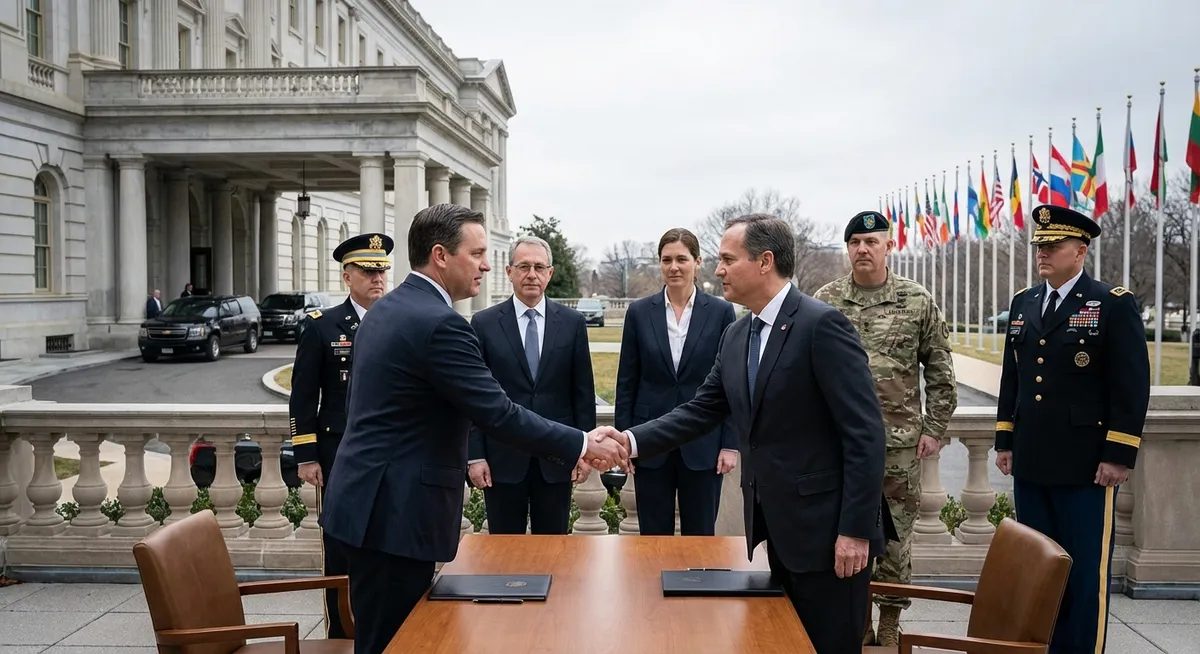 Slika je umetno generirana iz tem: mednarodni odnosi, vojska, politika, diplomacija, pogajanja, biotehnologija, vojaške parade, zdravje