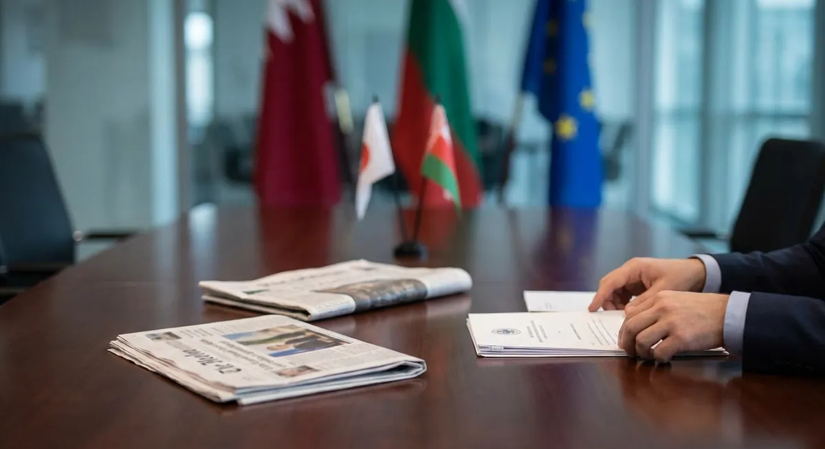 Slika je umetno generirana iz tem: trgovina, mednarodni odnosi, politika, diplomacija, energetika, carine