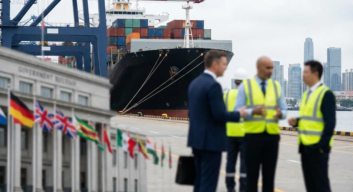 Slika je umetno generirana iz tem: mednarodni odnosi, diplomacija, politika, srečanja voditeljev, trgovina, jedrsko orožje, carine, gospodarstvo