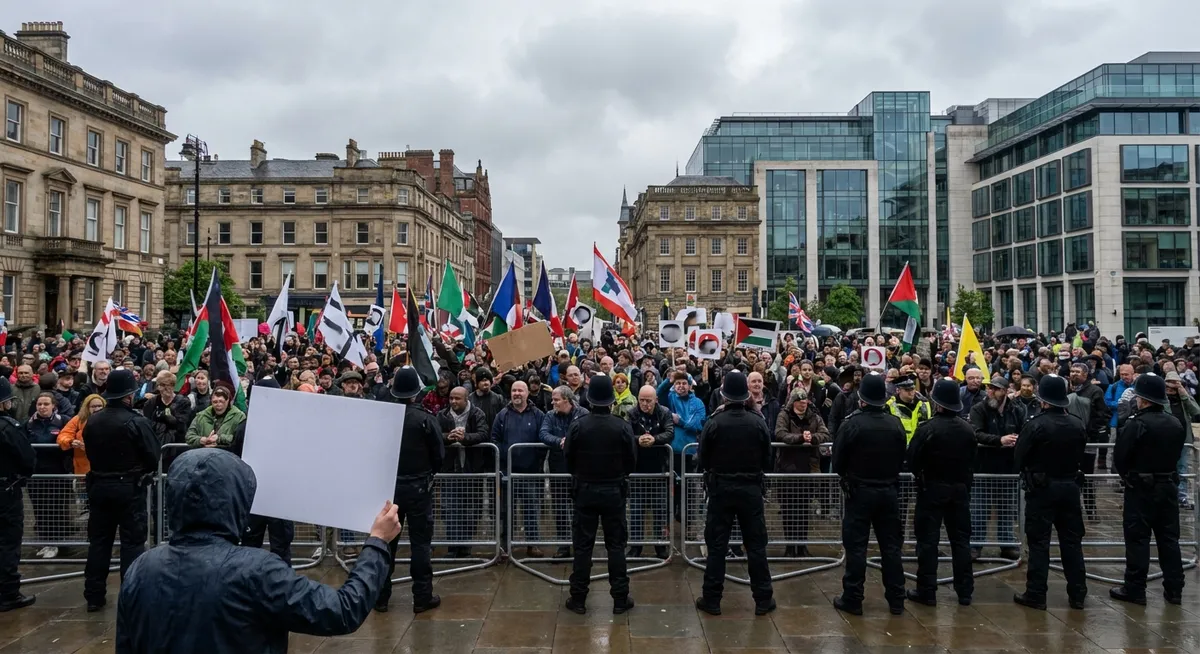 Slika je umetno generirana iz tem: človekove pravice, mednarodni odnosi, protesti