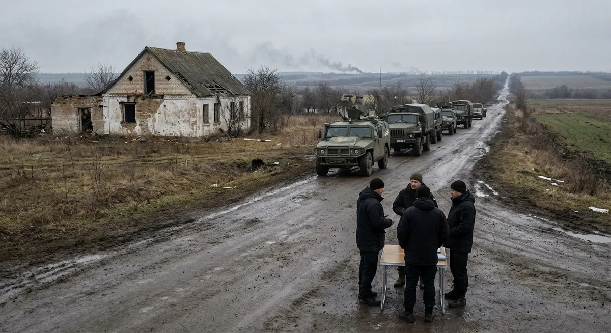 Slika je umetno generirana iz tem: rusko-ukrajinski konflikt, pogajanja, oboroženi spopadi