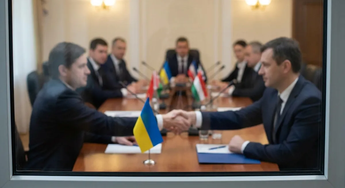 Slika je umetno generirana iz tem: gospodarstvo, politika, mednarodni odnosi, konflikti, ukrajina, diplomacija, pogajanja