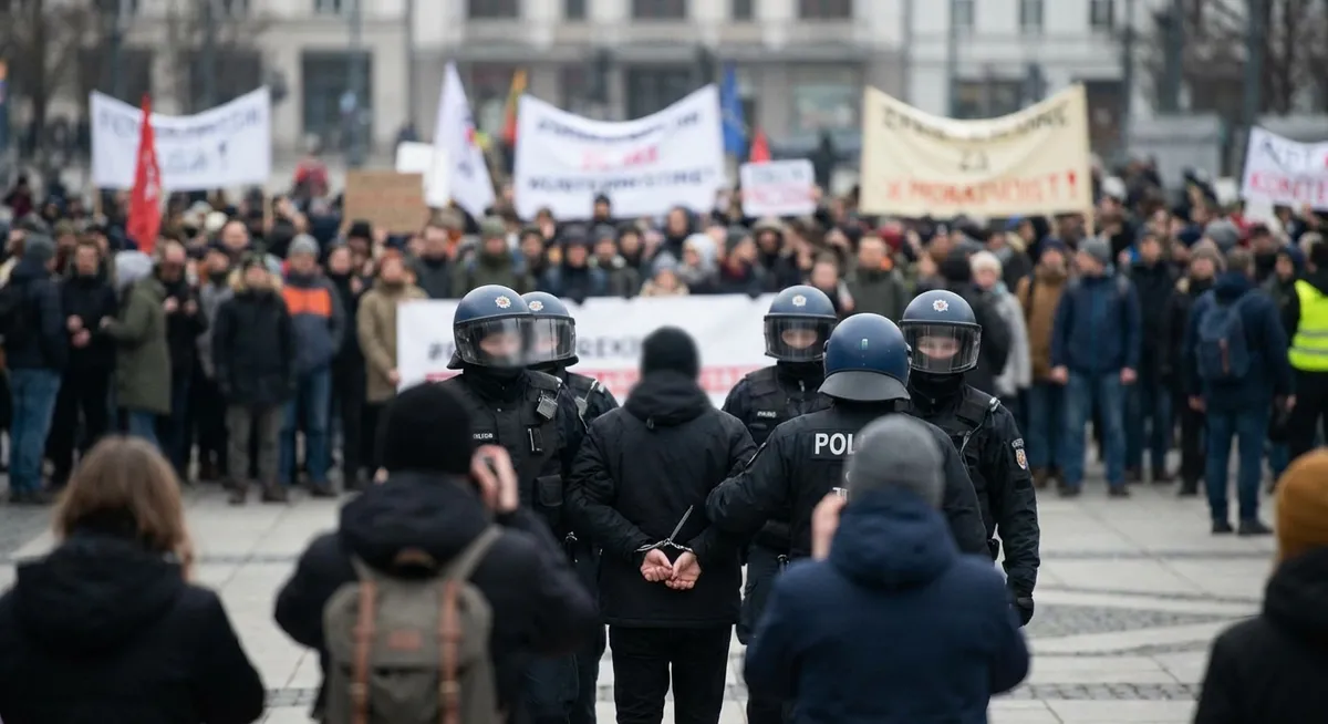 Slika je umetno generirana iz tem: nasilje, svoboda oblačenja, protesti proti obveznemu nošenju hidžaba, aretacije