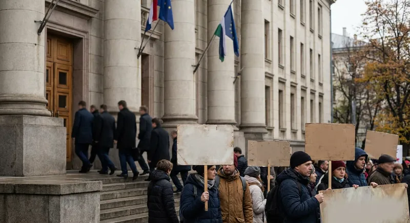 Slika je umetno generirana iz tem: delovna zakonodaja, politika, protesti, sindikati