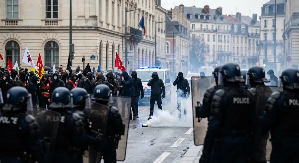 Slika je umetno generirana iz tem: azilni center, protesti proti priseljevanju, nasilje, policijske preiskave