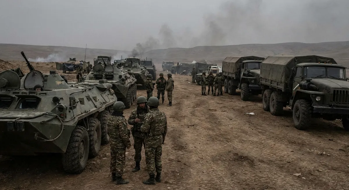 Slika je umetno generirana iz tem: obrambna politika, meje, oboroževanje, mednarodni odnosi, politika, spopadi, vojska, kriminal, mejne razmere, vojne, droni, varnost, tihotapljenje, napadi, konflikti, vojaška območja, oboroženi spopadi, tehnologija, terorizem, obramba, pogajanja