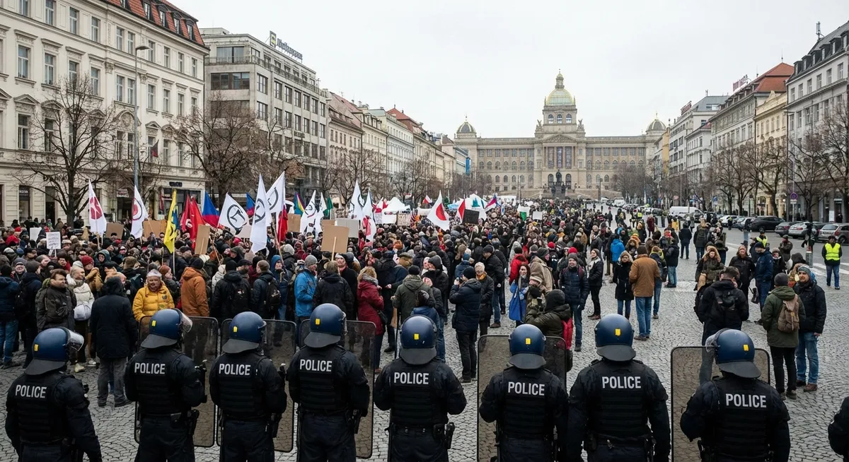 Slika je umetno generirana iz tem: protesti, ekstremizem, politika