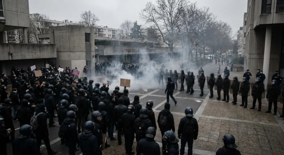 Slika je umetno generirana iz tem: policijska posredovanja, izpadi električne energije, nemiri, ulično nasilje