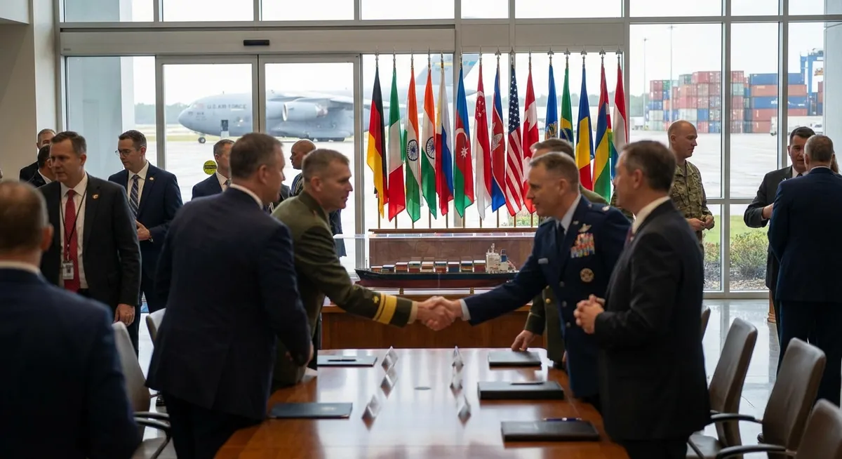 Slika je umetno generirana iz tem: mednarodni odnosi, diplomacija, trgovina, obramba