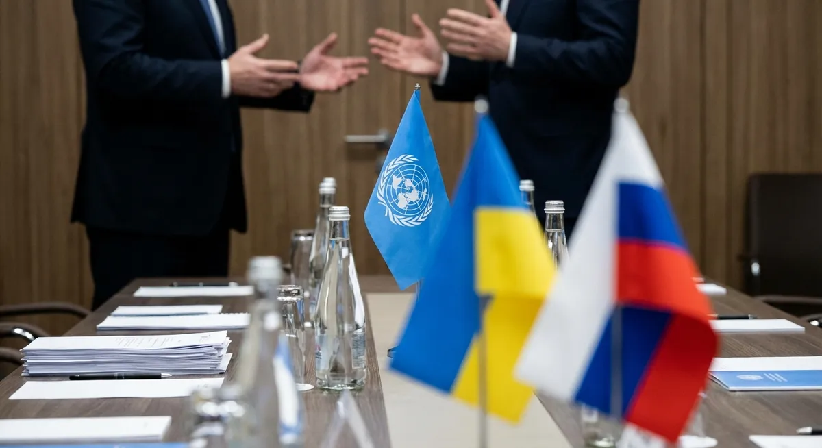 Slika je umetno generirana iz tem: mednarodni odnosi, rusko-ukrajinski konflikt, ozemeljske koncesije, demilitarizacija, referendumi, mirovni procesi